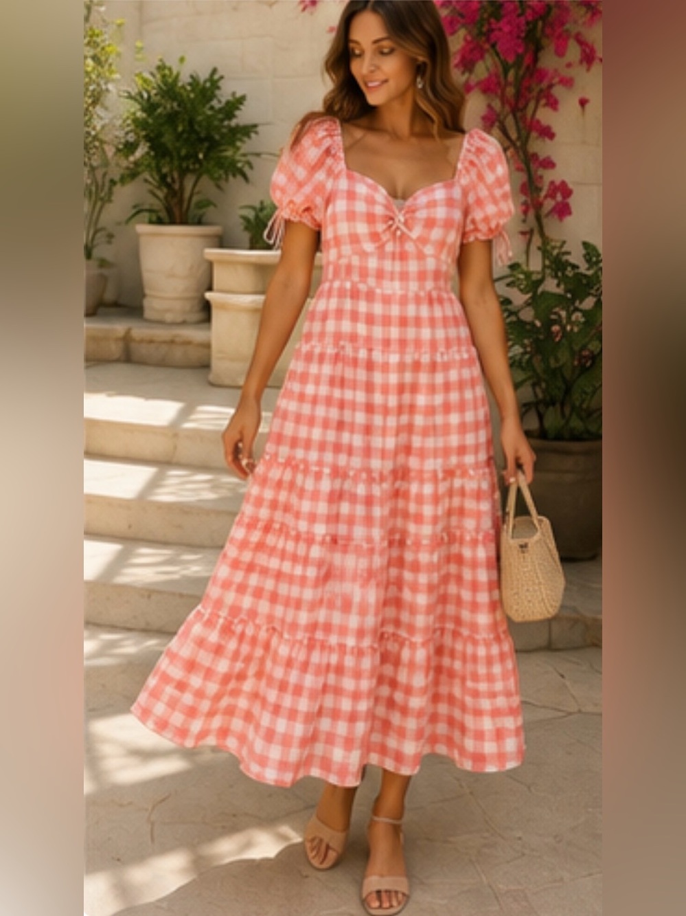 English Factory Coral Pink Gingham Maxi Dress